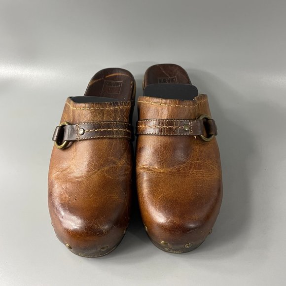 Frye Clara O Ring Wooden Clogs Distressed Leather Cognac, Women's Size 8.5M - Picture 4 of 12